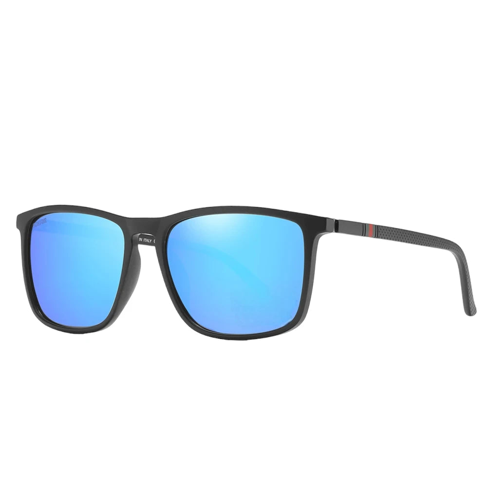 Designer polarised sunglasses with blue lenses and black frames. TAC lenses and lightweight