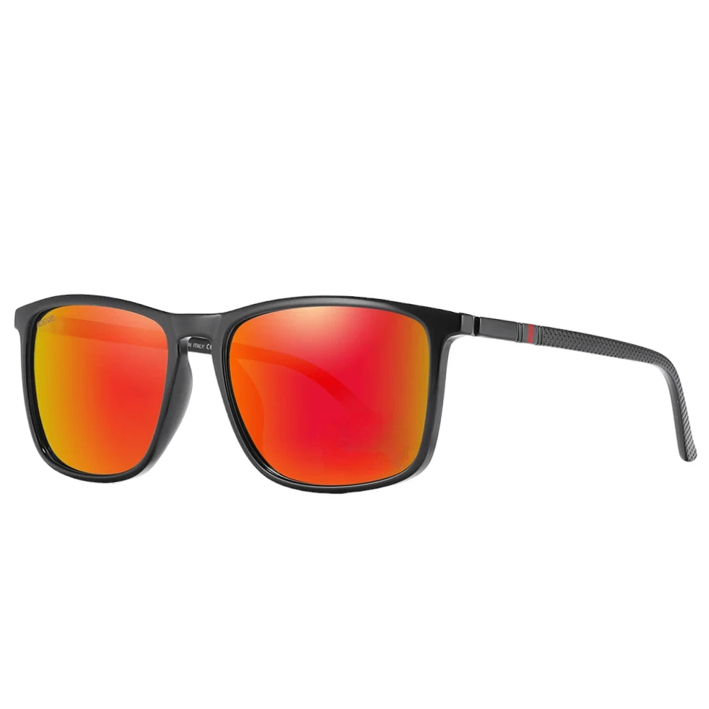 Designer polarised sunglasses with orange lenses and black frames. TAC lenses and lightweight