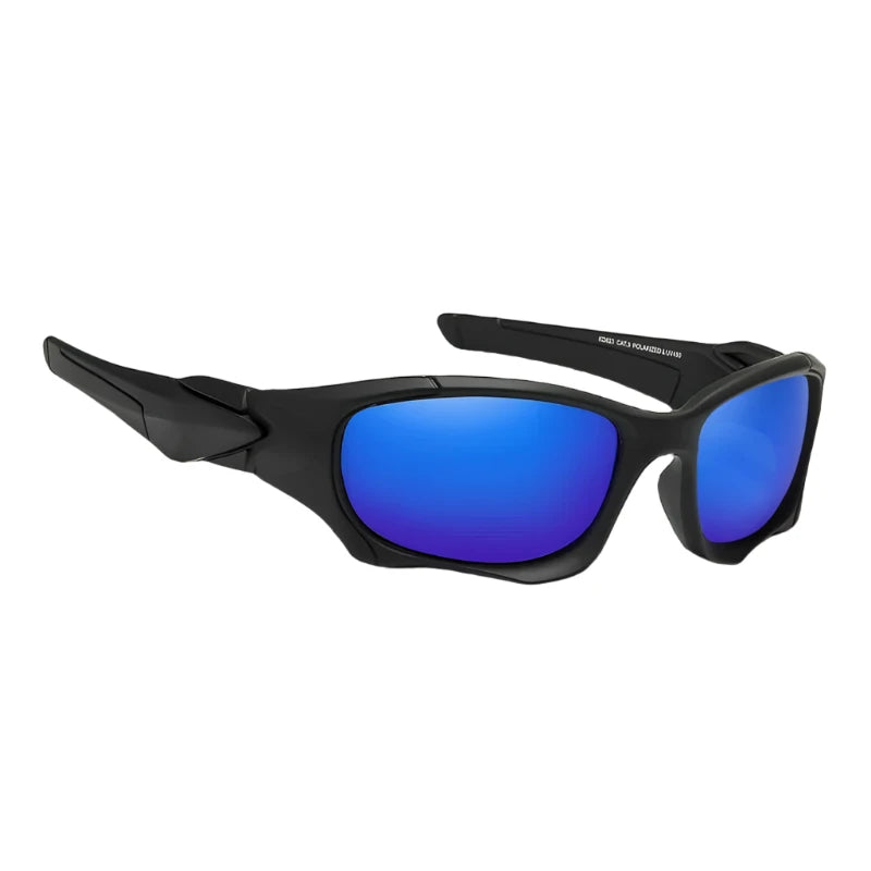 black framed sports polarised sunglasses with dark blue lenses. Great for cycling, fishing and running.