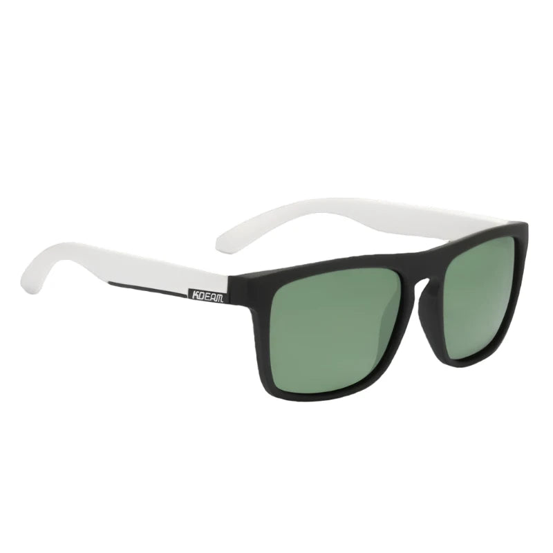 Ray Gods polarised sunglasses with green lenses and white frames. TAC lenses and stainless steel hinges