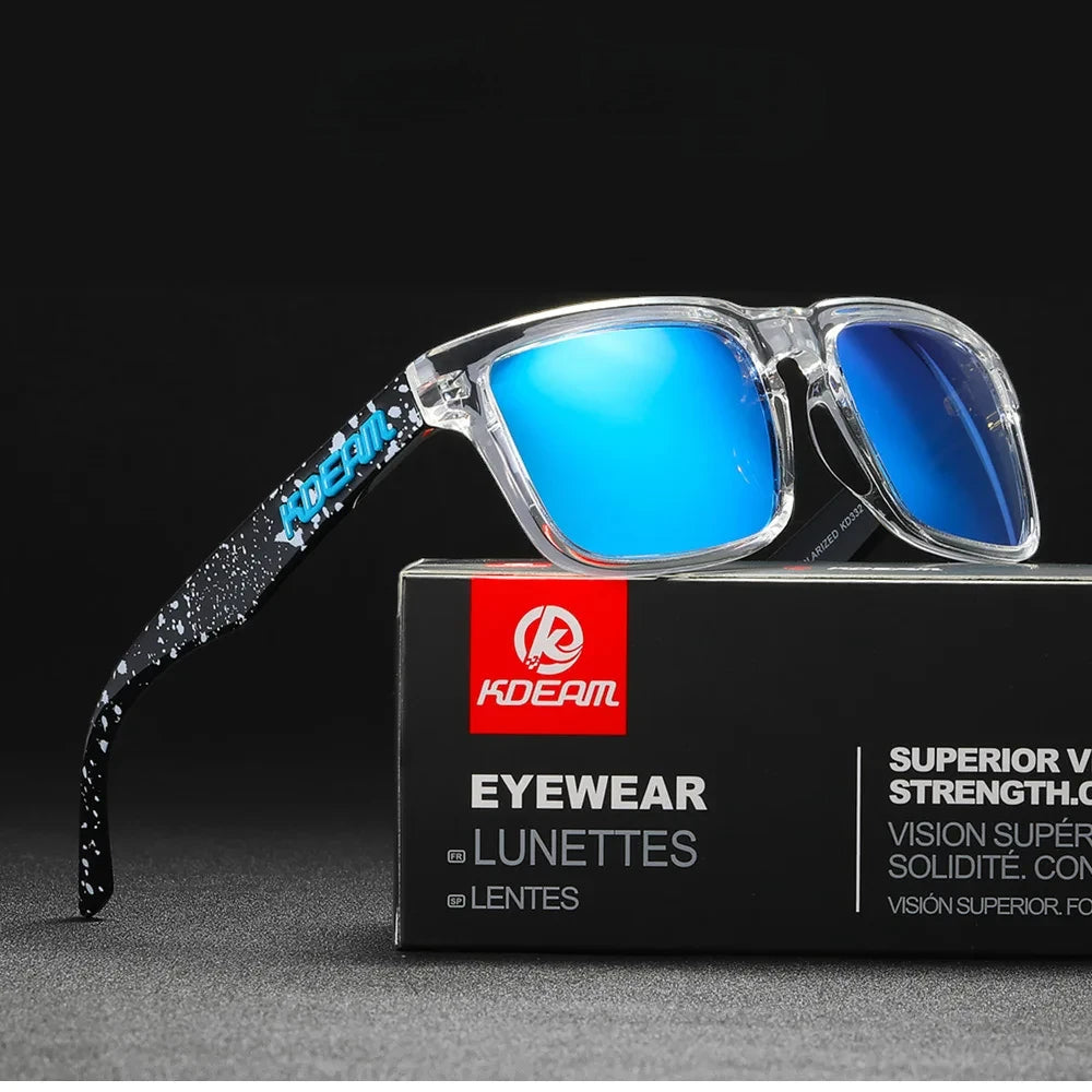 wayfarer style designer sunglasses with black frames and blue lenses