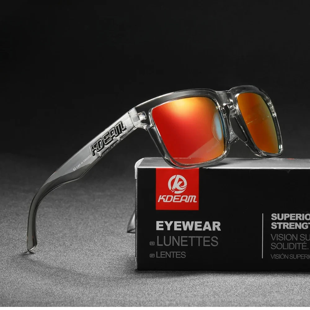wayfarer style designer sunglasses with clear frames and orange lenses