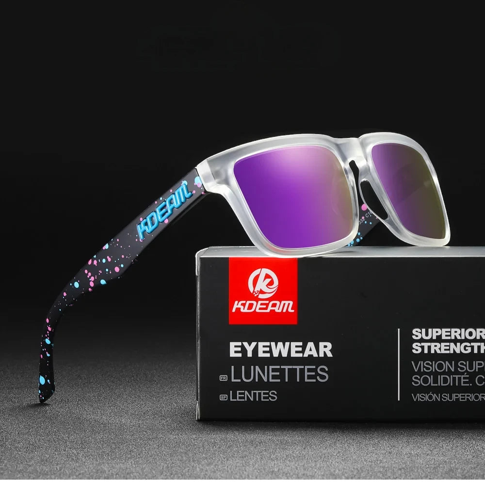 wayfarer style designer sunglasses with black frames and purple lenses