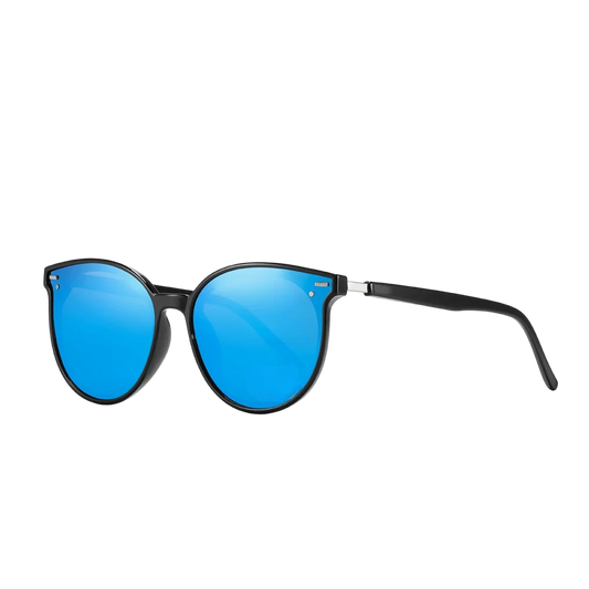 women's cat eye sunglasses with black frames and blue lenses