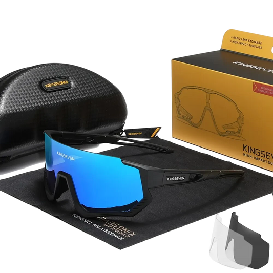 cycling sunglasses with blue lenses and black frames. Includes interchangeable lenses
