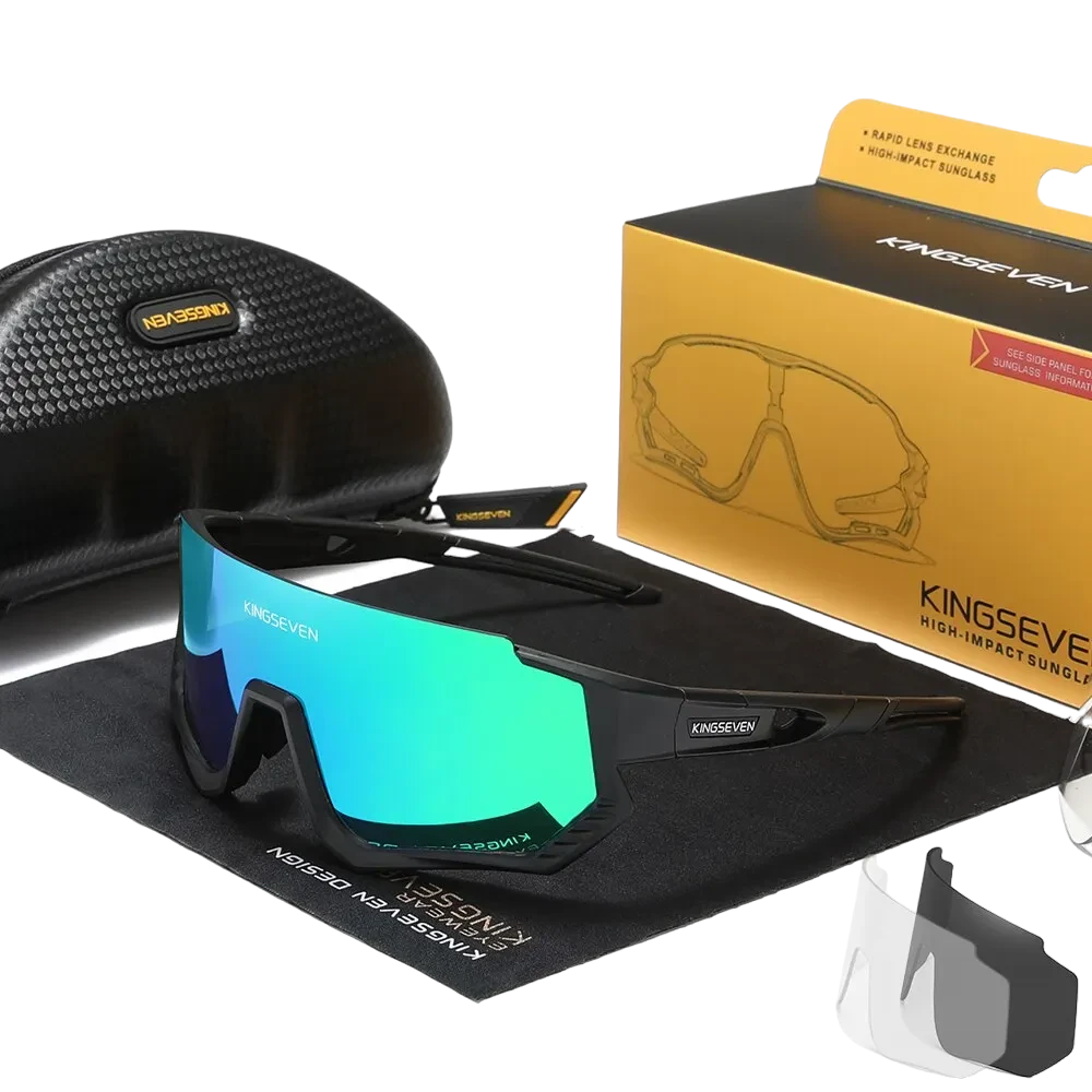 cycling sunglasses with blue/green lenses and black frames. Includes interchangeable lenses