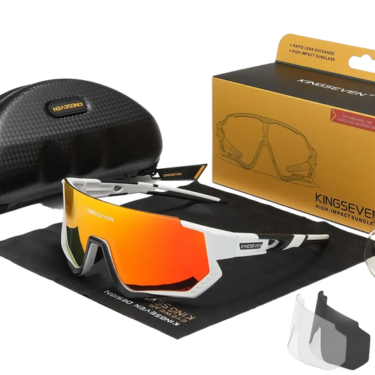 cycling sunglasses with orange lenses and white frames. Includes interchangeable lenses