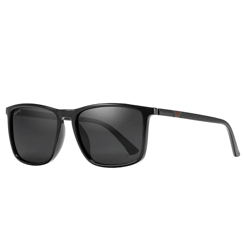 Designer polarised sunglasses with black lenses and black frames. TAC lenses and lightweight