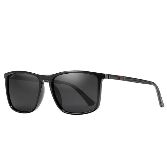 Designer polarised sunglasses with black lenses and black frames. TAC lenses and lightweight