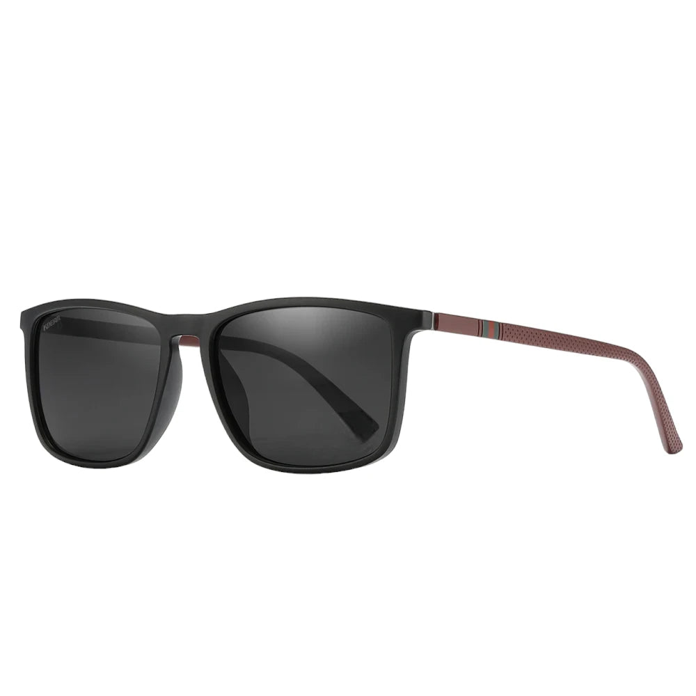 Designer polarised sunglasses with black lenses and red frames. TAC lenses and lightweight