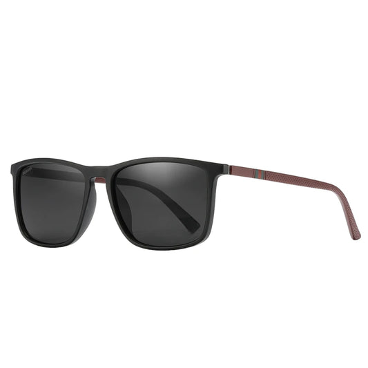 Designer polarised sunglasses with black lenses and red frames. TAC lenses and lightweight