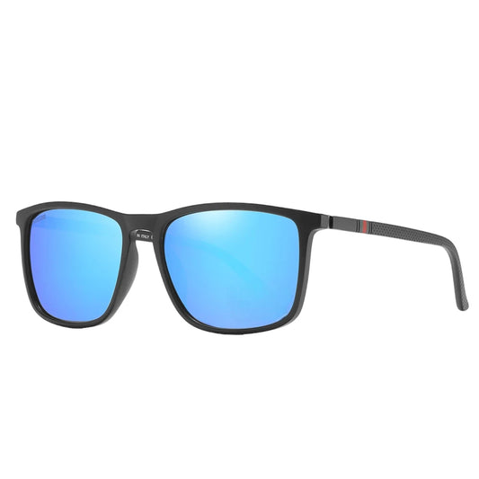 Designer polarised sunglasses with blue lenses and black frames. TAC lenses and lightweight