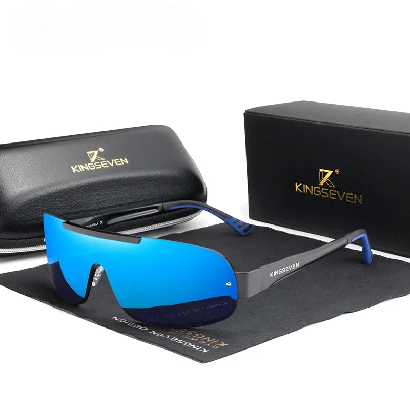 men's goggle style sports sunglasses with blue lenses and black frames