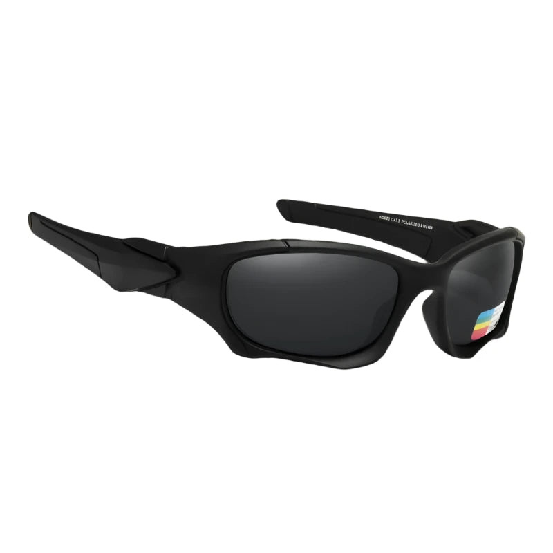 black framed sports polarised sunglasses with black lenses. Great for cycling, fishing and running.