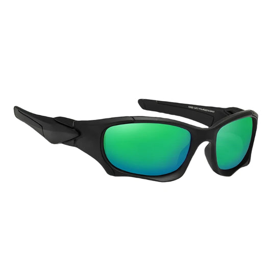 black framed sports polarised sunglasses with green lenses. Great for cycling, fishing and running.