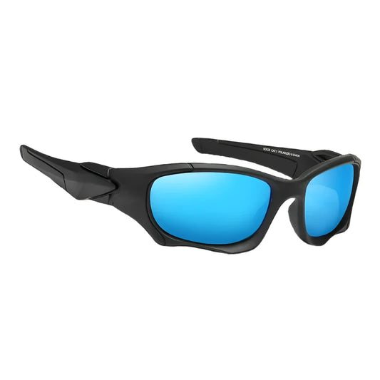 black framed sports polarised sunglasses with light blue lenses. Great for cycling, fishing and running.
