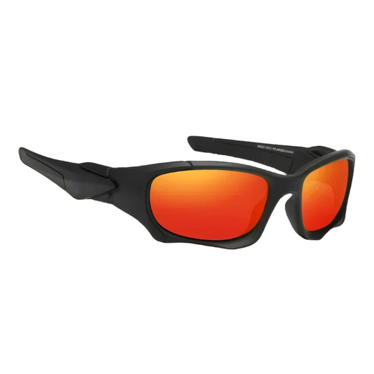 black framed sports polarised sunglasses with orange lenses. Great for cycling, fishing and running.