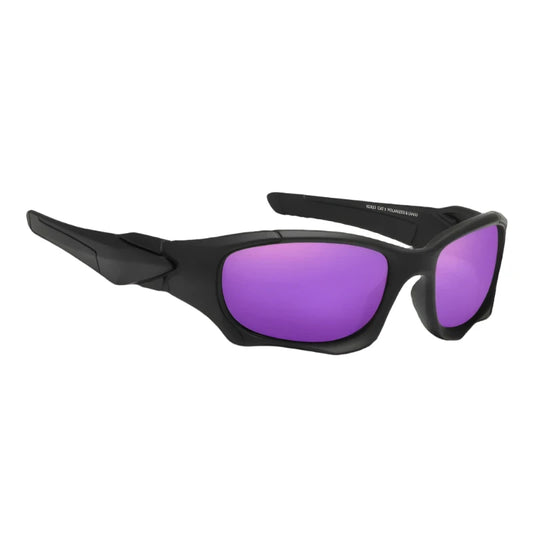 black framed sports polarised sunglasses with purple lenses. Great for cycling, fishing and running.