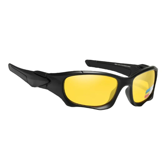 black framed sports polarised sunglasses with yellow night vision lenses. Great for cycling, fishing and running.