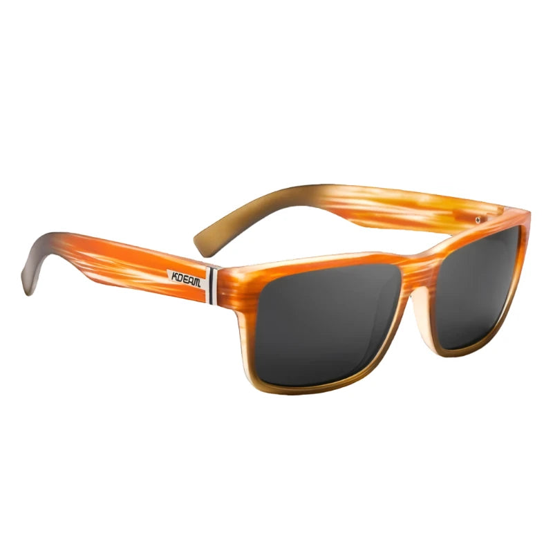 Ray Gods polarised sunglasses with black lenses and orange frames. TAC lenses and stainless steel hinges