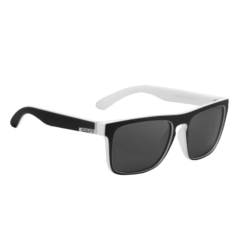 Ray Gods polarised sunglasses with black lenses and black and white frames. TAC lenses and stainless steel hinges
