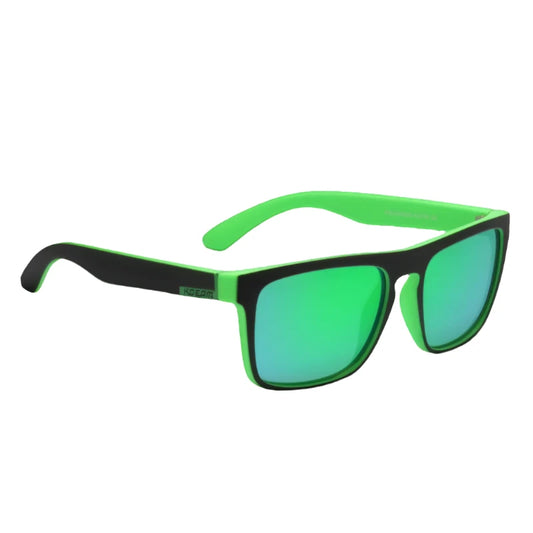 Ray Gods polarised sunglasses with green lenses and black and green frames. TAC lenses and stainless steel hinges