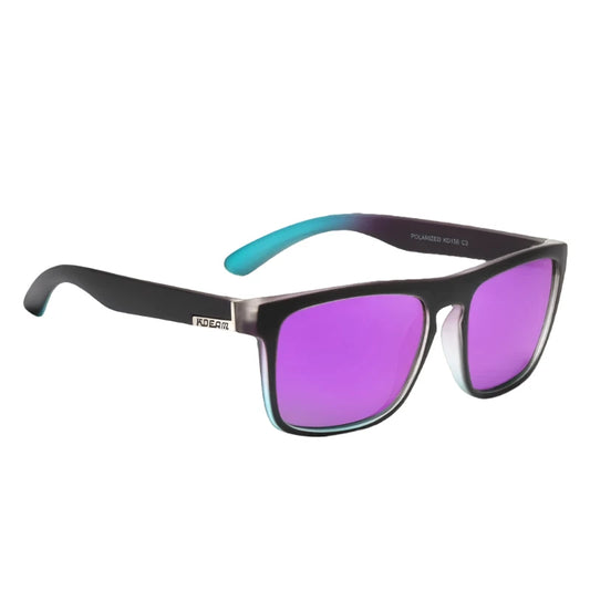 Ray Gods polarised sunglasses with purple lenses and black frames. TAC lenses and stainless steel hinges