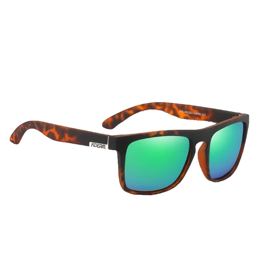 Ray Gods polarised sunglasses with green lenses and leopard print frames. TAC lenses and stainless steel hinges