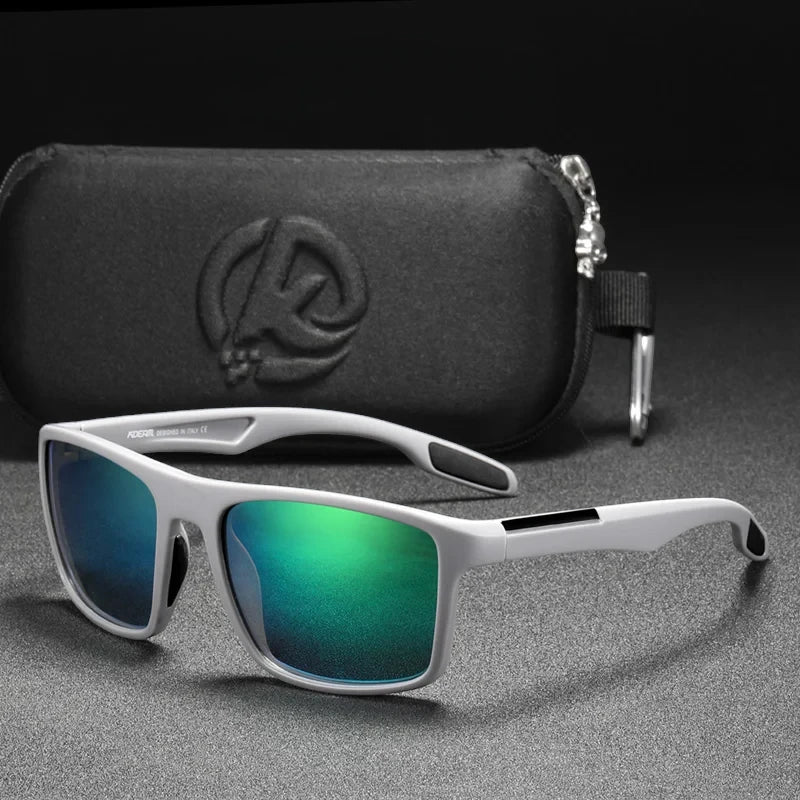 ultralight sunglasses with grey frames and green lenses