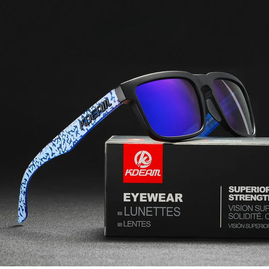 wayfarer style designer sunglasses with blue lenses