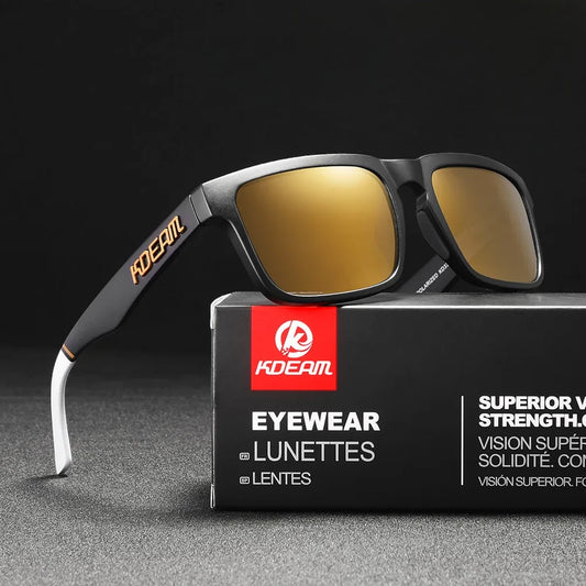 wayfarer style designer sunglasses with black frames and gold lenses