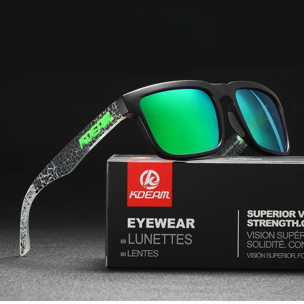 wayfarer style designer sunglasses with black frames and green lenses
