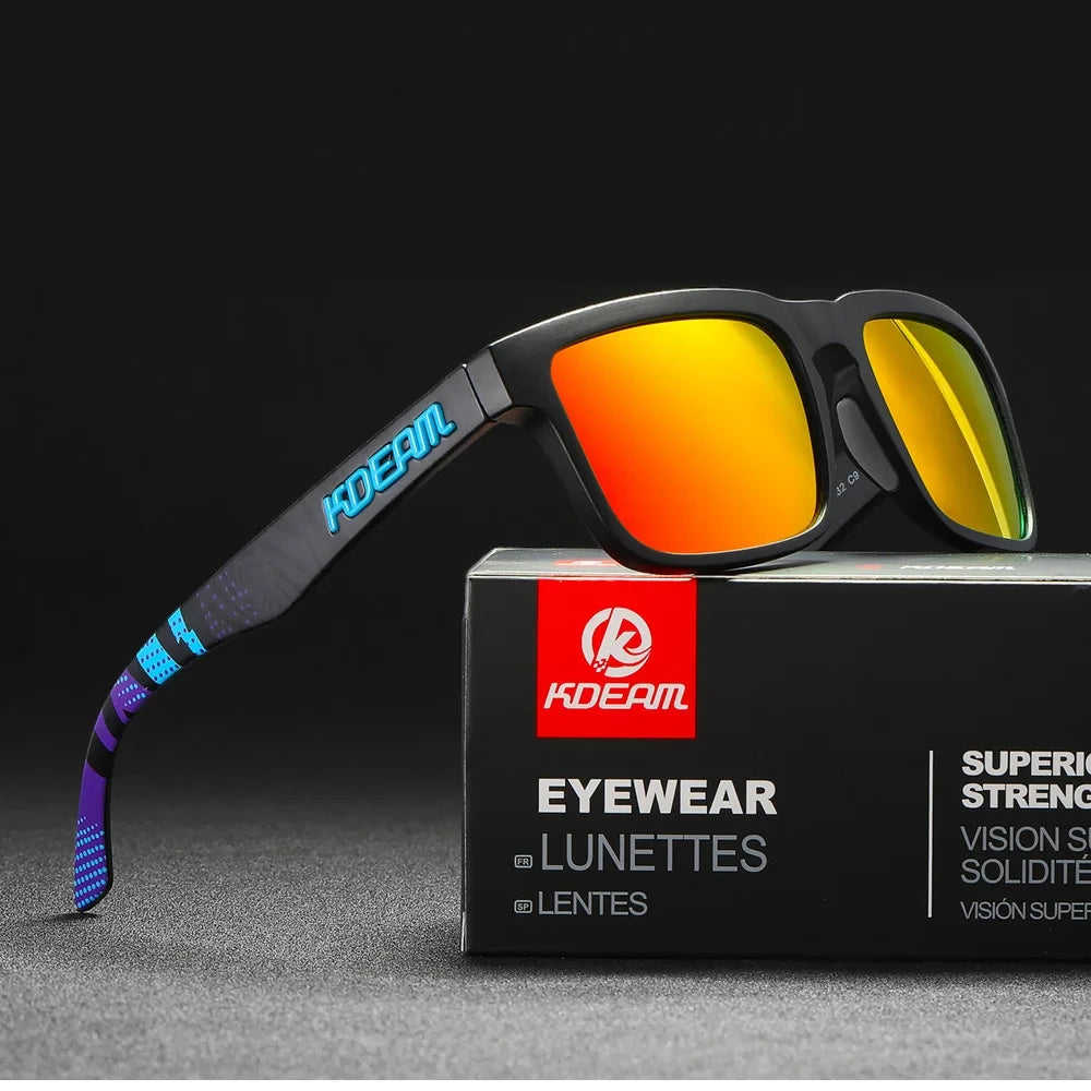 wayfarer style designer sunglasses with black frames and red lenses