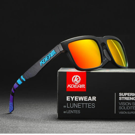 wayfarer style designer sunglasses with black frames and red lenses
