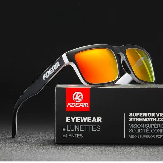 wayfarer style designer sunglasses with black frames and red lenses
