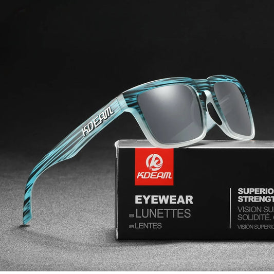 wayfarer style designer sunglasses with blue frames and grey lenses