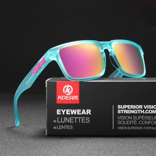 wayfarer style designer sunglasses with light blue frames and pink lenses