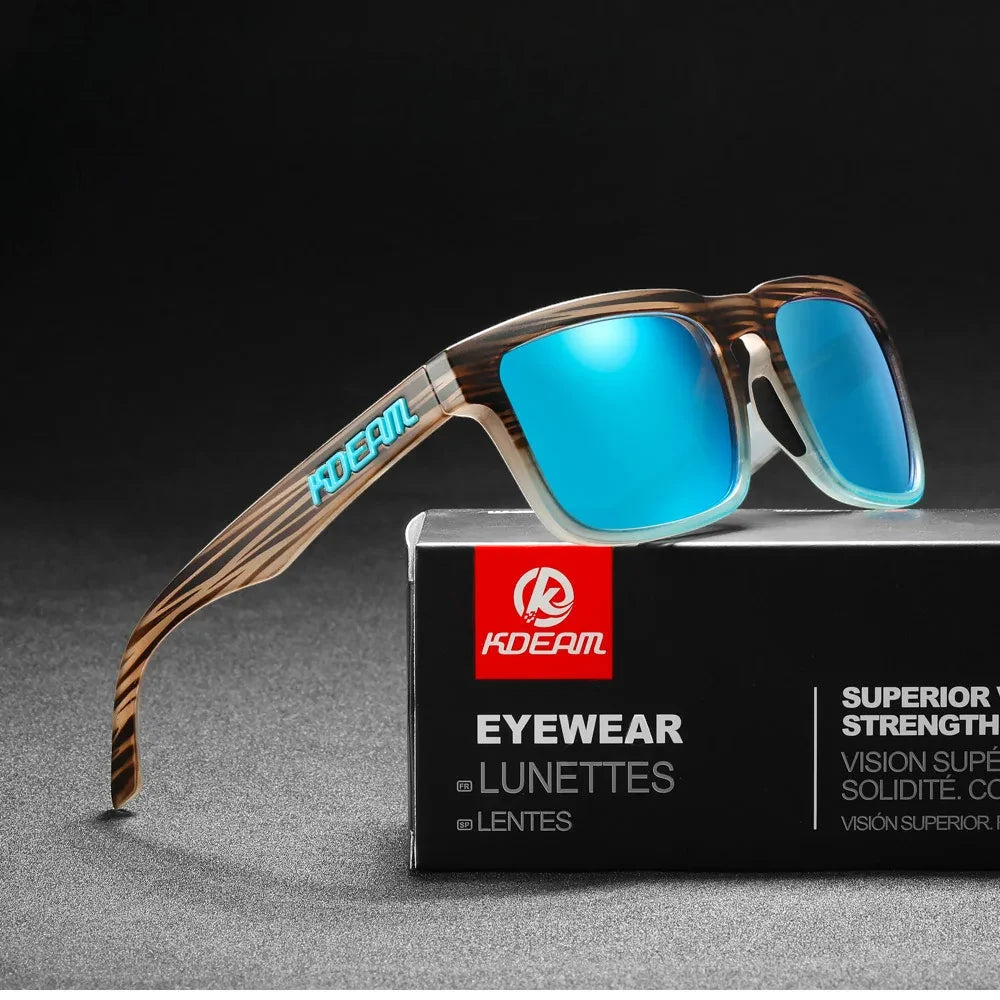 wayfarer style designer sunglasses with brown frames and blue lenses