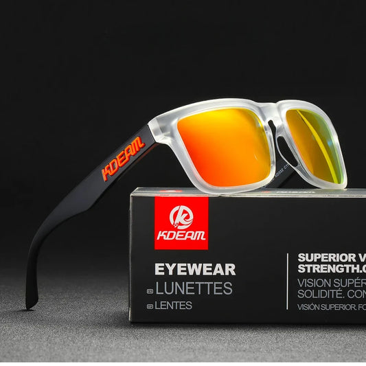 wayfarer style designer sunglasses with black frames and red lenses