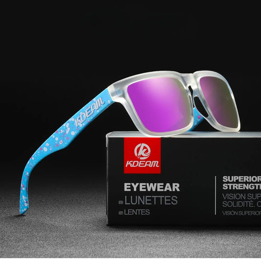 wayfarer style designer sunglasses with blue frames and violet lenses
