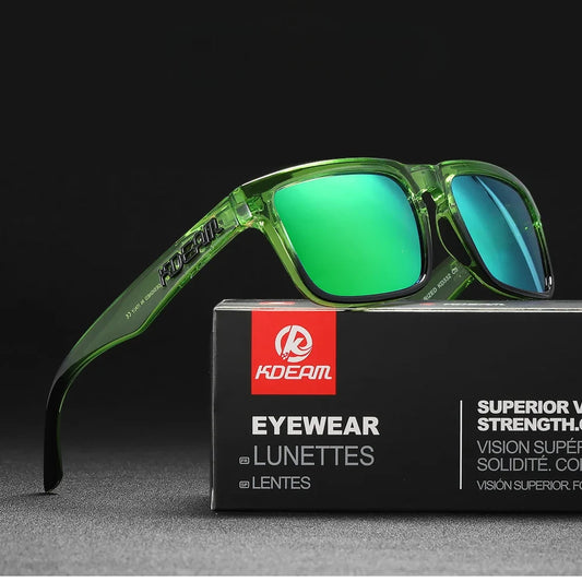 wayfarer style designer sunglasses with green frames and green lenses