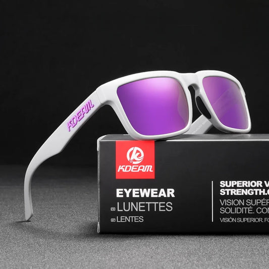 wayfarer style designer sunglasses with grey frames and purple lenses