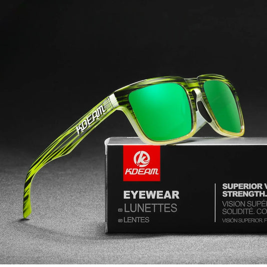wayfarer style designer sunglasses with green frames and green lenses