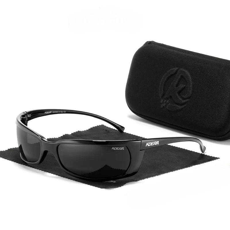 wrap around sunglasses with black frames and black lenses