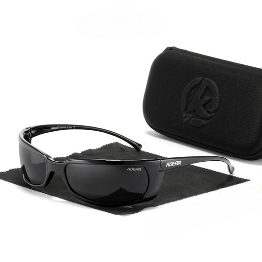 wrap around sunglasses with black frames and black lenses