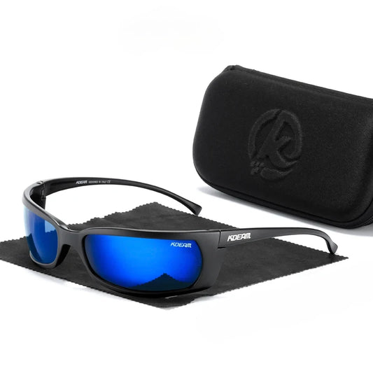 wrap around sunglasses with black frames and blue lenses