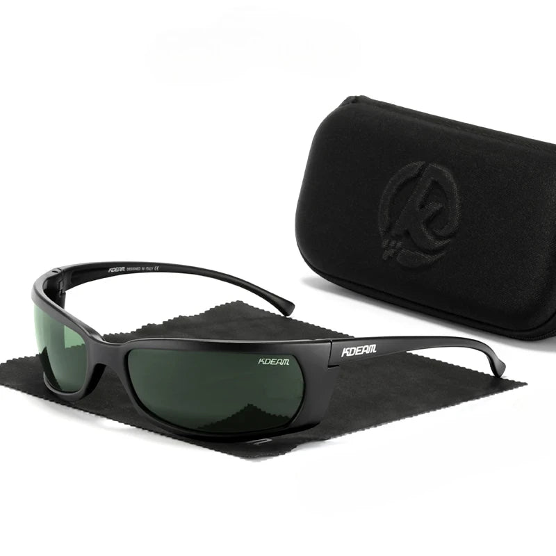 wrap around sunglasses with black frames and green lenses