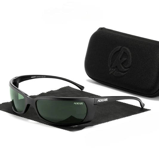wrap around sunglasses with black frames and green lenses