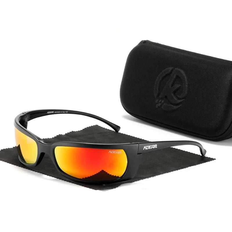 wrap around sunglasses with black frames and red lenses
