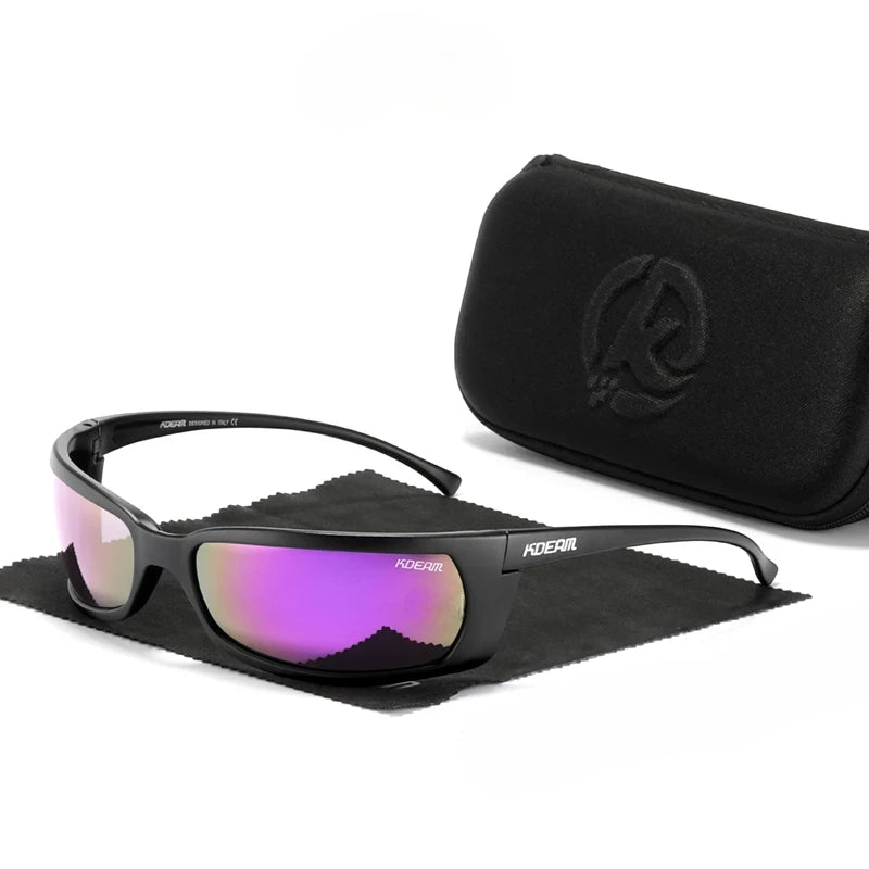 wrap around sunglasses with black frames and purple lenses